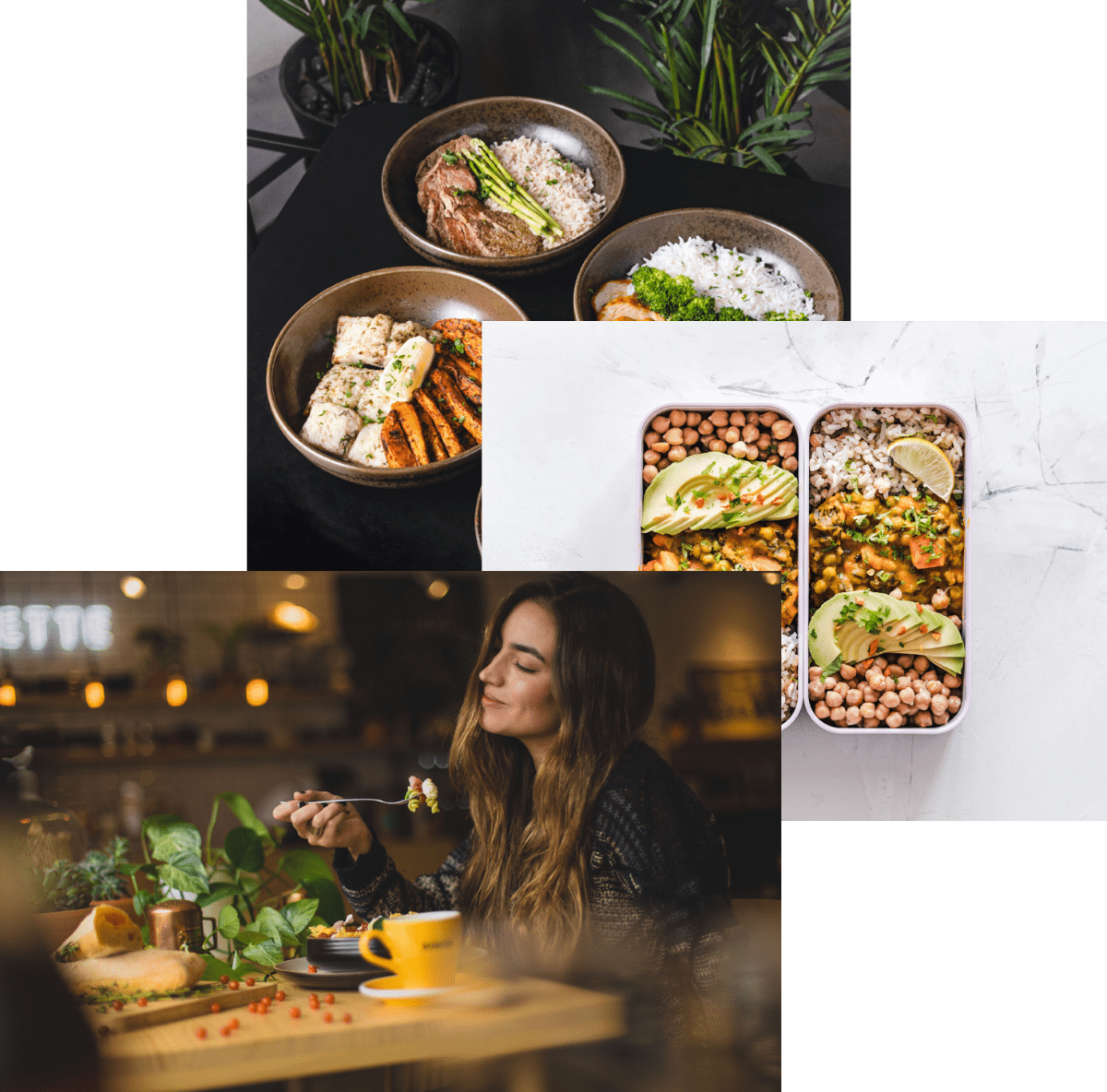 Woman enjoying food, meals in
storage container, and food bowls on table.